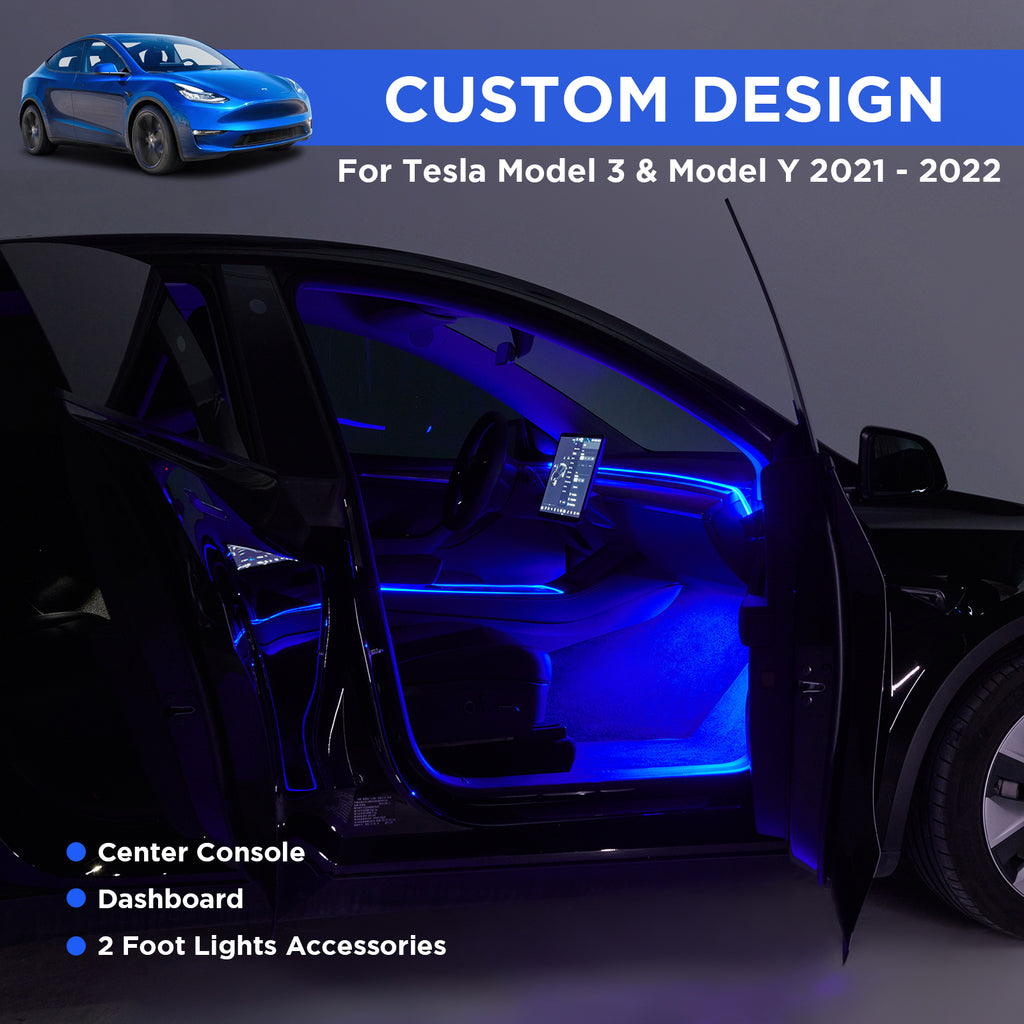 2Nestour 2021 2022 2023 Tesla Model 3 Y Interior Car Neon Lights (Center Console+Dashboard+2 Foot Lights) with Matching Armrest Organizer