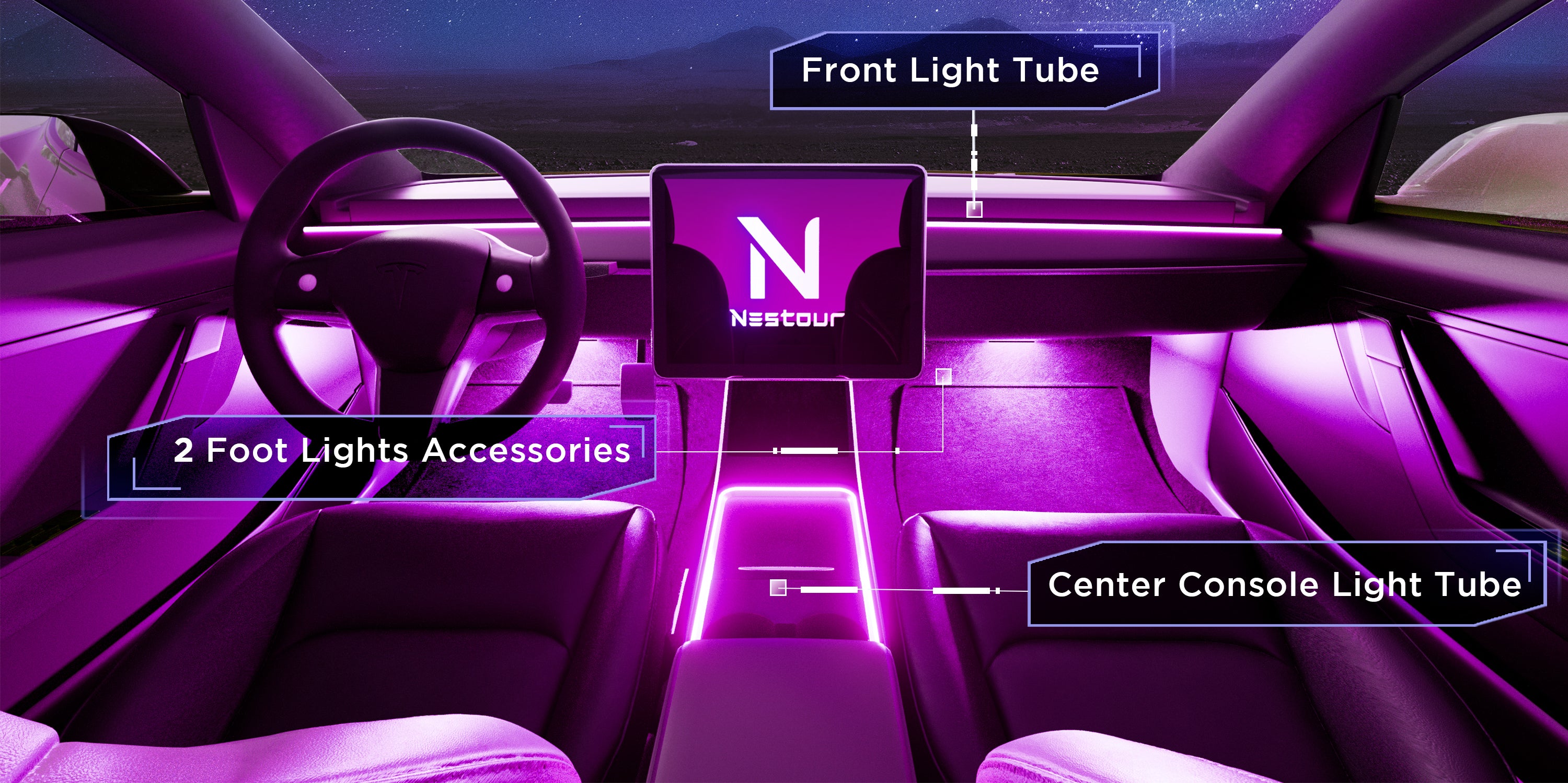 Nestour 2021 2022 Tesla Model 3 Y Neon Lights (Console+Dashboard+Foot)